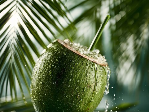 Fresh Green Coconut Drink with Lime, Ice and Straw &ndash; Tropical Refreshment, Summer Vacation and Wellness