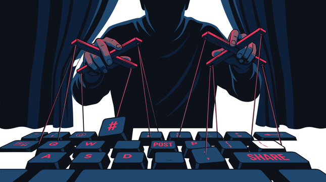 Conceptual cyber manipulation vector illustration featuring a shadow puppeteer master controlling computer keyboard keys with strings behind curtains for media propaganda themes