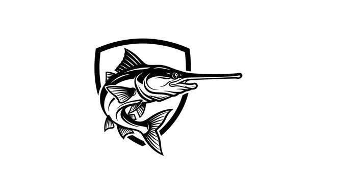 Swordfish marlin jumping in front of a shield logo.