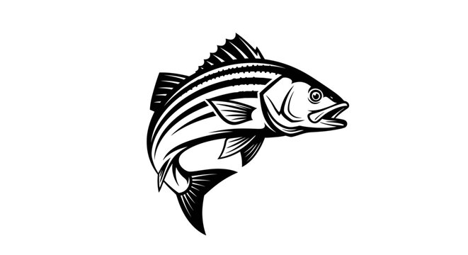 Striped bass fish jumping isolated on white background.