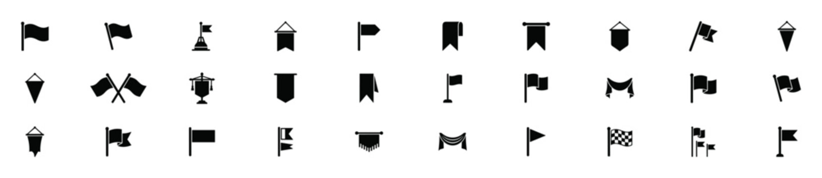 Collection of various flag icons in different shapes and styles including pennants, banners, poles, and checkered flag symbols on transparent background