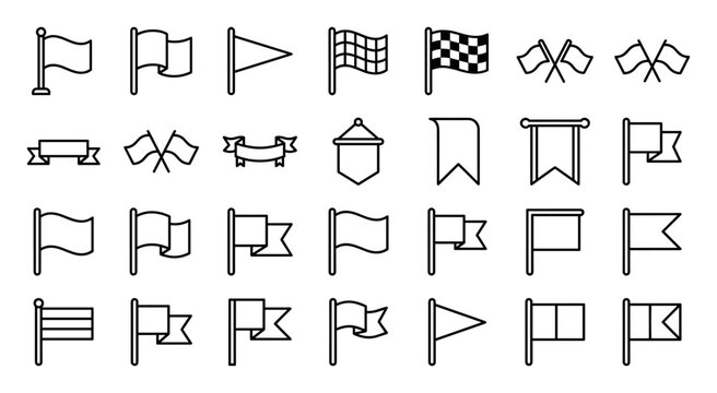 Set of various flag and banner icons line art collection with checkered, pennant, crossed, and ribbon styles on transparent background