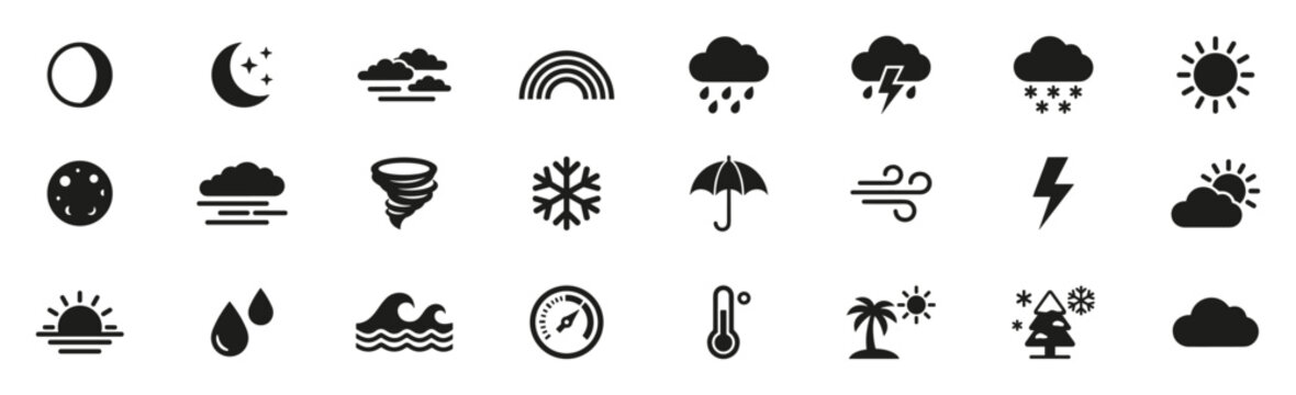 Set of solid black weather icons including phases of the moon, rainbow, rain, snow, sun, tornado, umbrella, wind, lightning, sunset, water drops, waves, compass, temperature on transparent background