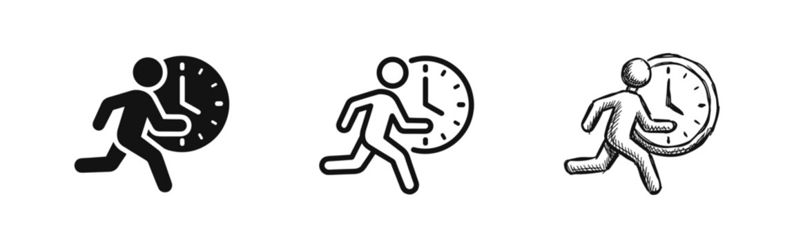 Time management and person running with clock icons