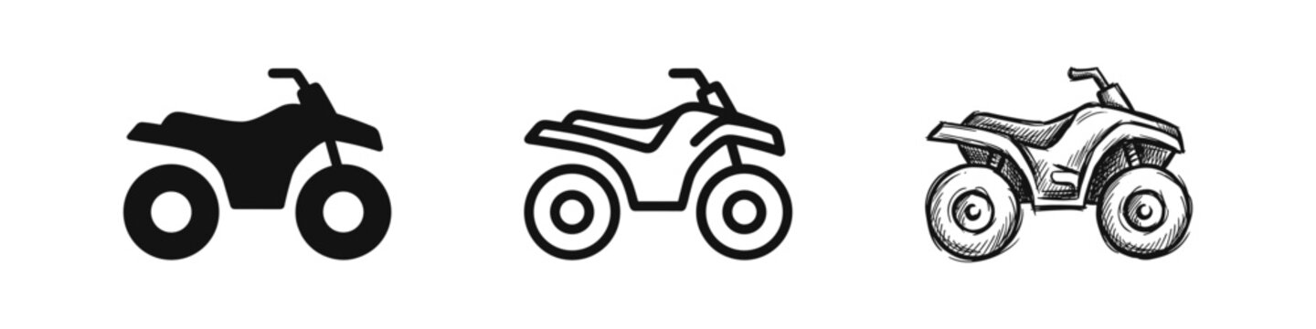 Set of ATV or Quad Bike Icons: Solid, Outline, and Sketch Styles