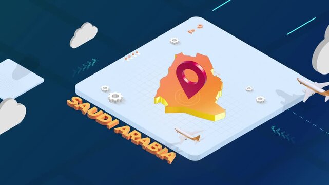 Isometric 3D Render of Saudi Arabia Map with Red Location Pin Pointer and Floating Airplanes