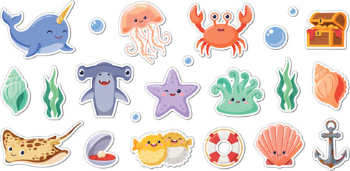 Cute Sea Life Sticker Icon Set with Cartoon Narwhal, Hammerhead Shark, Stingray, Pufferfish, Seashells, and Ocean Treasure Elements for Kids Designs © Ismail