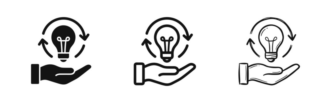 Light bulb in hand with rotating arrows icon, idea development concept
