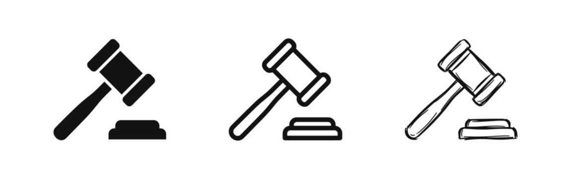 Judge hammer gavel icon set in black and white styles