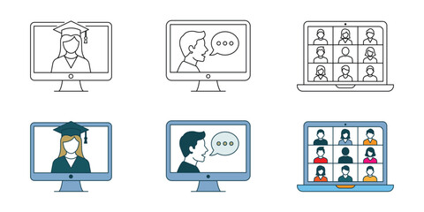 Fototapeta premium Online education and business video conference outline icon set vector illustration for commercial use.