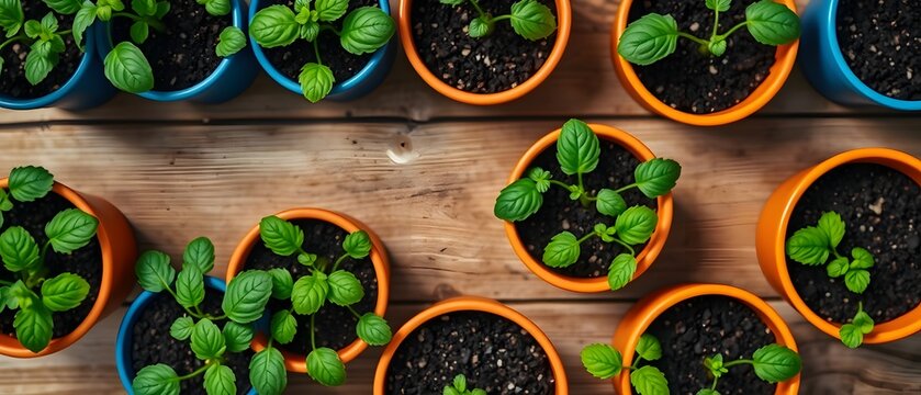Row of terracotta herb pots on wooden windowsill with rain drops on window and bokeh lights outside