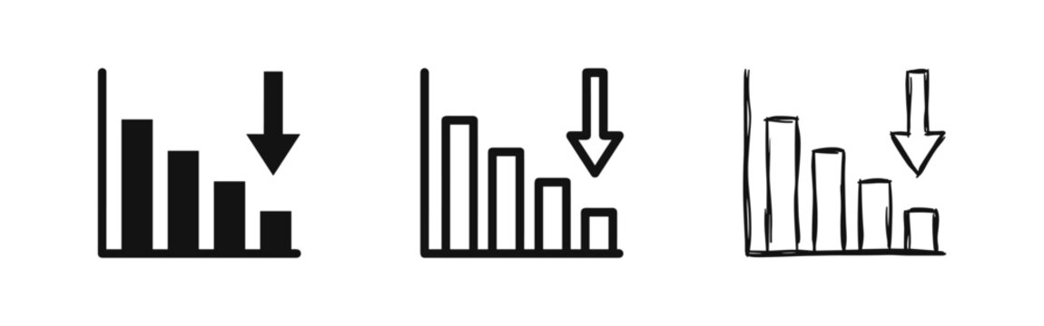 Set of bar chart icons with decreasing arrow, solid, outline and hand-drawn sketch styles