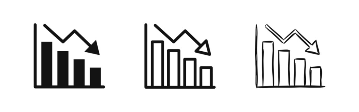 Set of line graph icons with downward arrow, business decline symbols