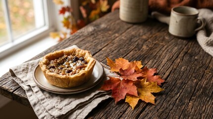 Naklejka premium A delicious pie on a plate with autumn leaves on a wooden table by a window with a mug and jug