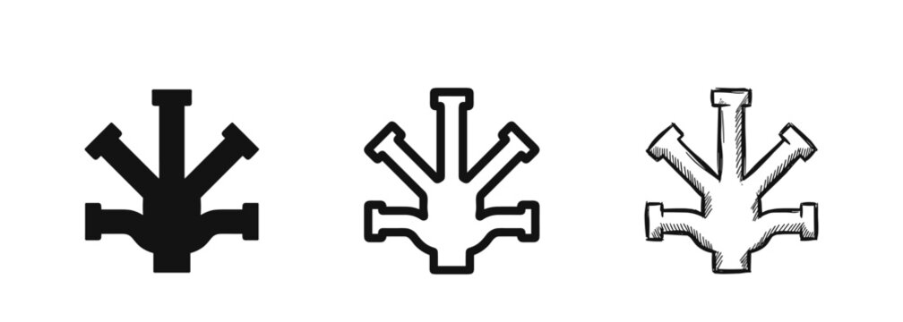 Plumbing pipe junction icon set in flat line and hand drawn styles