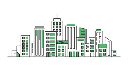 Obraz premium Modern green city skyline vector illustration with office buildings, urban architecture line art panorama