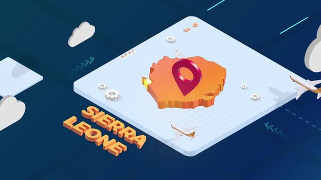 Isometric 3D Render of Sierra Leone Map with Red Location Pin Pointer and Floating Airplanes