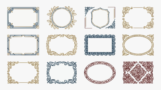 Modern Elegant Gold Blue and Maroon Ornate Border Frame Designs for Digital Art Cards and Invitations