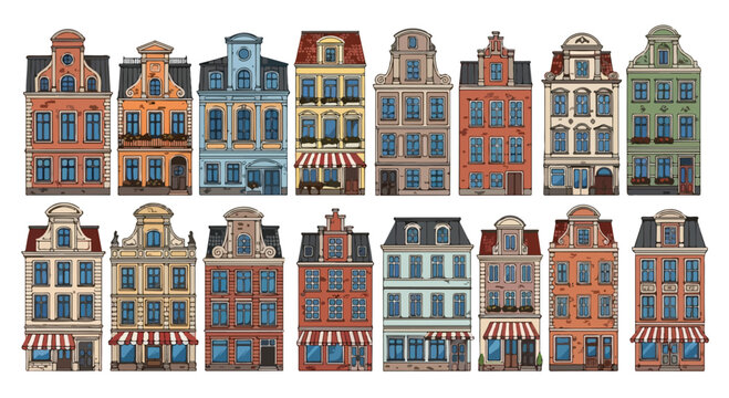 Vintage European townhouses set, collection of 16 traditional Dutch canal house vectors, historic urban architecture with colorful facades and gables