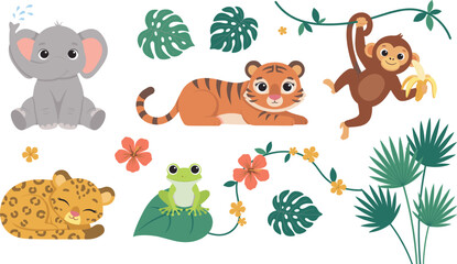 Fototapeta premium Cute Jungle Animal Vector Character Set with Baby Elephant, Tiger, Hanging Monkey, Sleeping Leopard, Frog, and Tropical Botanical Elements for Kids Designs