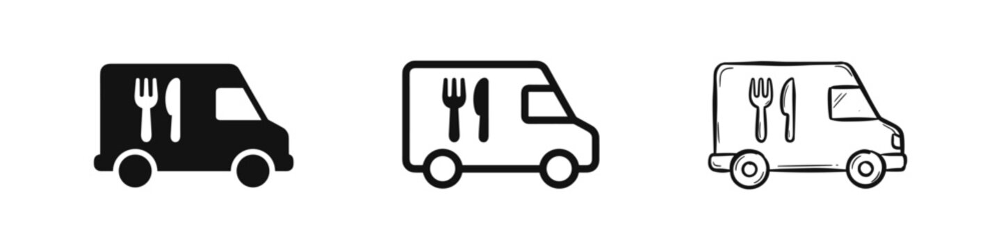 Set of 3 food truck icons: solid, outline, and sketch styles