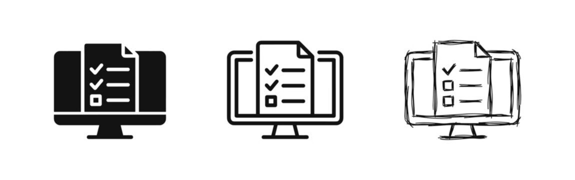 Set of 3 checklist icons on computer screen in solid, outline, and sketch styles