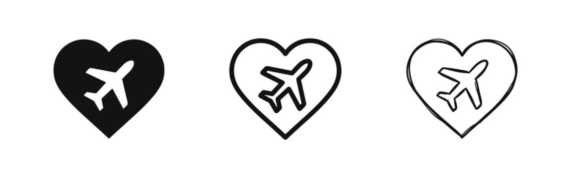 Travel Love Icons Set Showing Airplane inside Heart Shape for Tourism Journey and Honeymoon Vacation