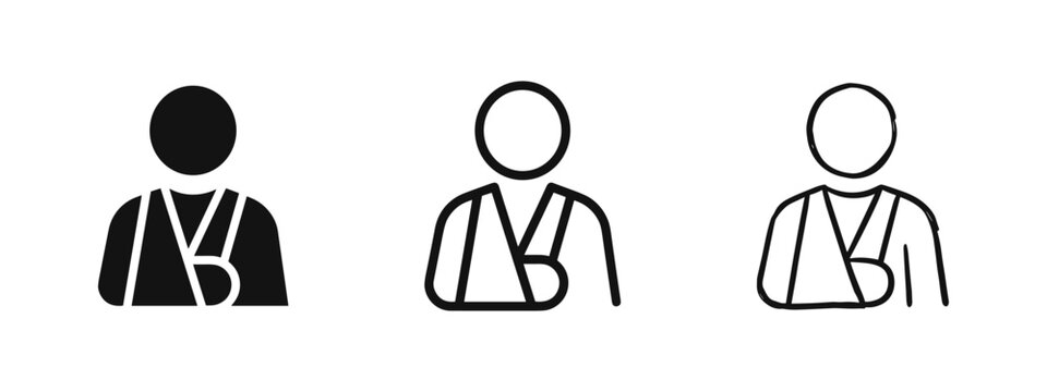Arm in a sling medical icon set, injured arm or fracture support symbol