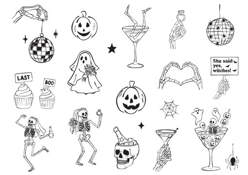 Halloween Wedding Clipart Bundle &ndash; Skeleton Bride and Groom, Ghost, Pumpkin, Disco Ball, Cocktail, Spooky Party Line Art Set