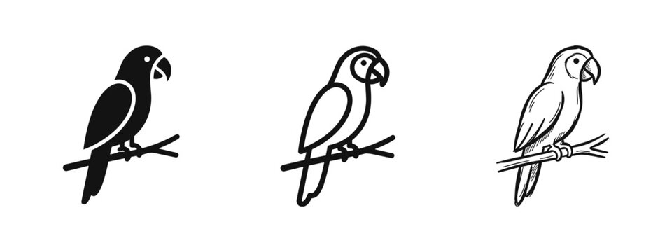 Parrot on branch icon set, bird and wildlife nature symbols