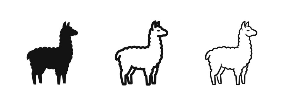 Llama icon set, cute alpaca or llama wildlife animal symbol