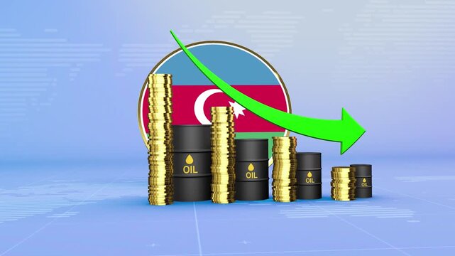Azerbaijan Oil Prices Decline with Oil Barrels, Gold Coins and Downward Green Arrow, 3D Economic and Financial Market Concept
