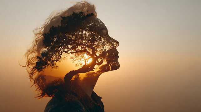 Double exposure portrait with flourishing tree inside a human silhouette at sunset, symbolizing emotional healing, resilience, mindfulness, inner balance, growth and mental wellbeing