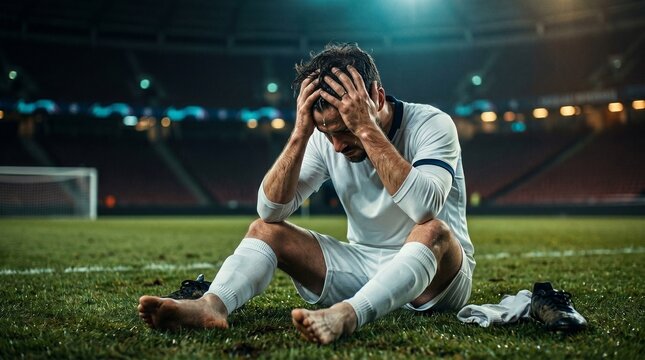 Disappointed Soccer Player in White Uniform Sitting on Grass Pitch