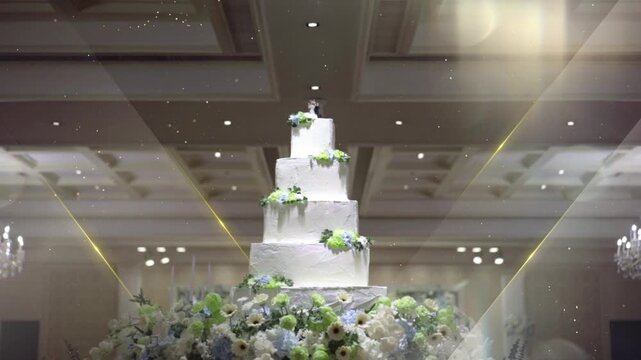 Elegant Wedding Cake at Luxury Reception Venue with Floral Decorations