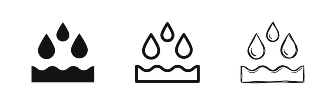 Water drop absorption icons set in flat, outline and sketch style