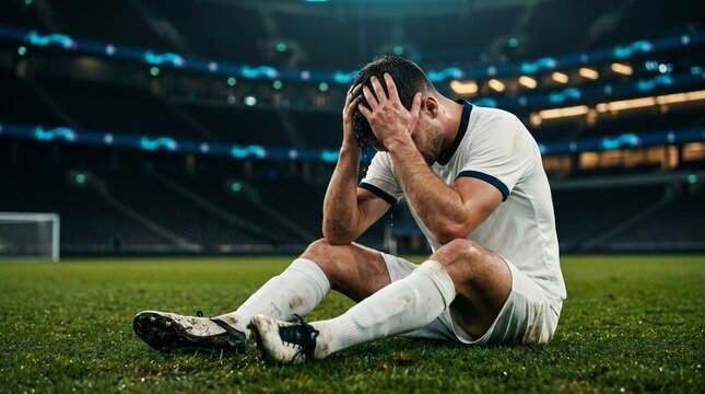 Disappointed Soccer Player in White Uniform Sitting on Grass Pitch