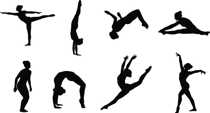 Gymnast Silhouette Collection with Balance Handstand Split Leap Backbend and Acrobat Action Poses