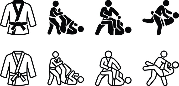 sports icon collection of monochrome jujitsu grappling poses in vector style set
