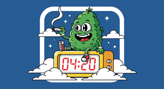 Playful cartoon cannabis bud character sitting on 420 alarm clock.