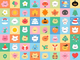 Obraz premium All Seasons Mini Cute Greeting Seamless Pattern with Year Round Celebration Icons
