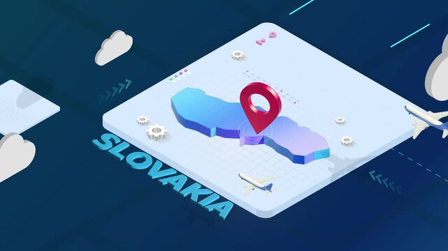 Isometric 3D Render of Slovakia Map with Red Location Pin Pointer and Floating Airplanes