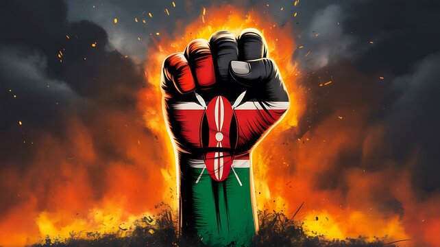 Raised fist with kenya flag symbol of unity freedom resistance and national pride against dramatic fire background