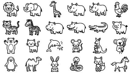 Animal Icons Set of Line Drawings Featuring Dogs, Cats, Elephants, Giraffes, Zebras, and More for Kids Education Design © MdRonok