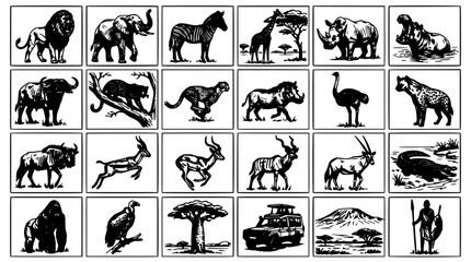 Animal Silhouettes Icon Set in Black Ink Style with Diverse Wildlife Figures and Textured Stamp Frames for Design Projects © MdRonok
