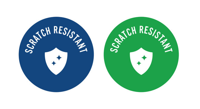 Two round scratch resistant shield badges in blue and green.