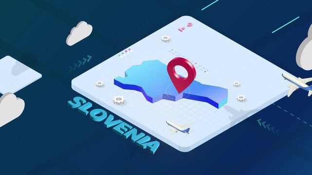 Isometric 3D Render of Slovenia Map with Red Location Pin Pointer and Floating Airplanes