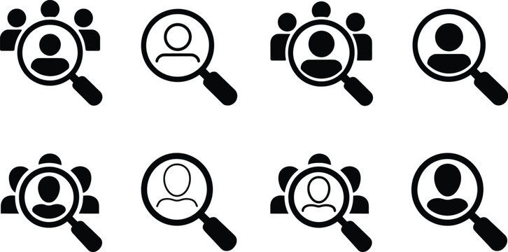 Group of black people search icons on transparent background with magnifying glass human resources.