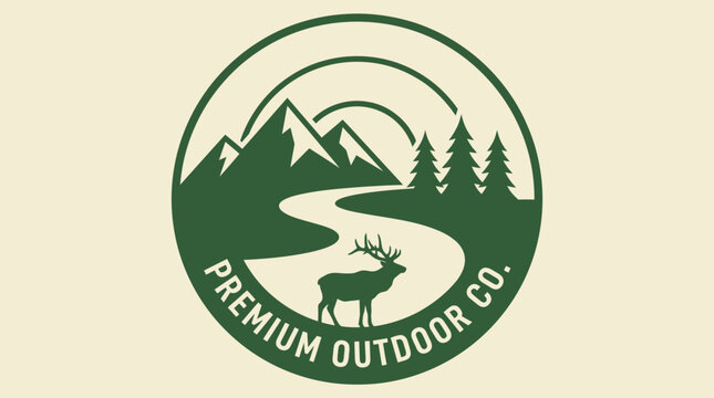 Premium Outdoor Co. Deer and Mountain Landscape Emblem.
