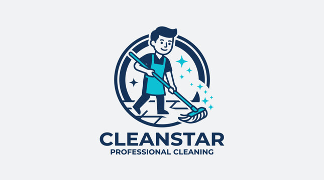 Professional cleaning service logo featuring a cheerful man mopping.